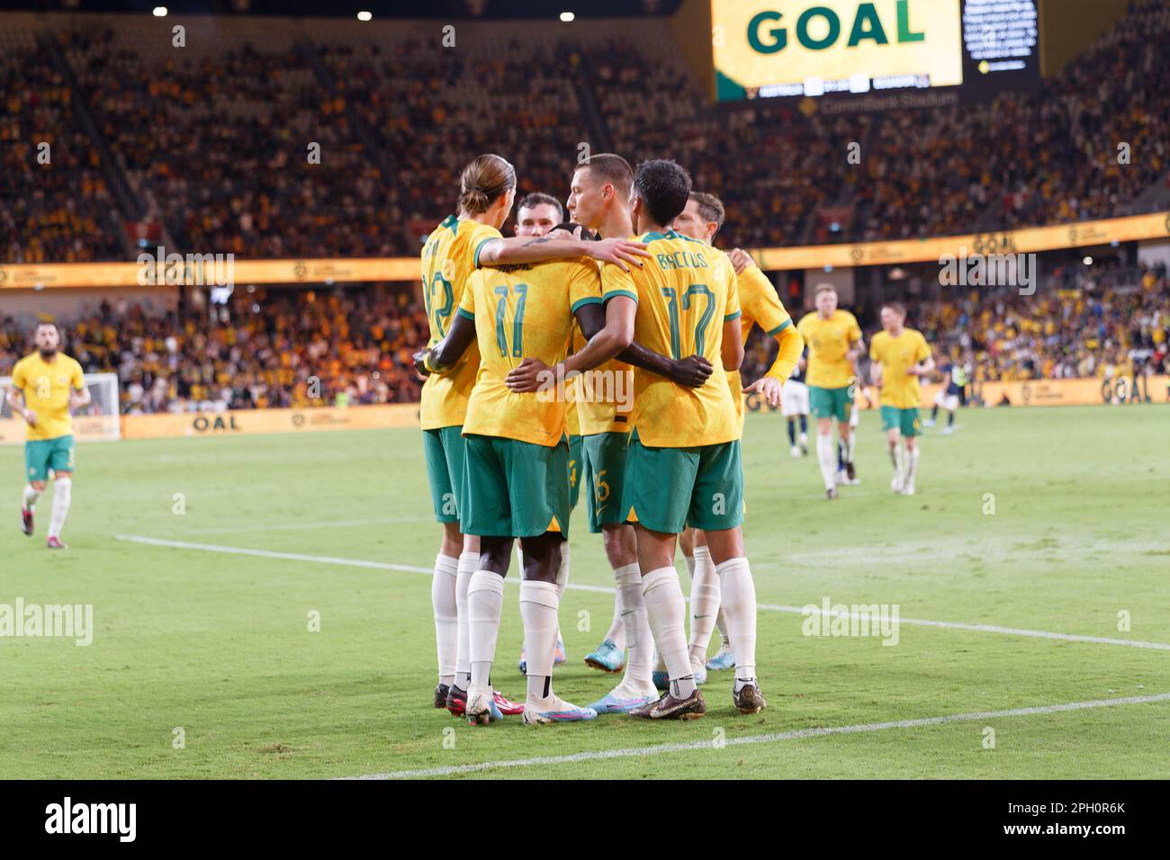 L'équipe australienne célèbre un but lors du match entre l'Australie et l'Équateur au stade CommBank de 24 mars 2023 à Sydney, en Australie Banque D'Images