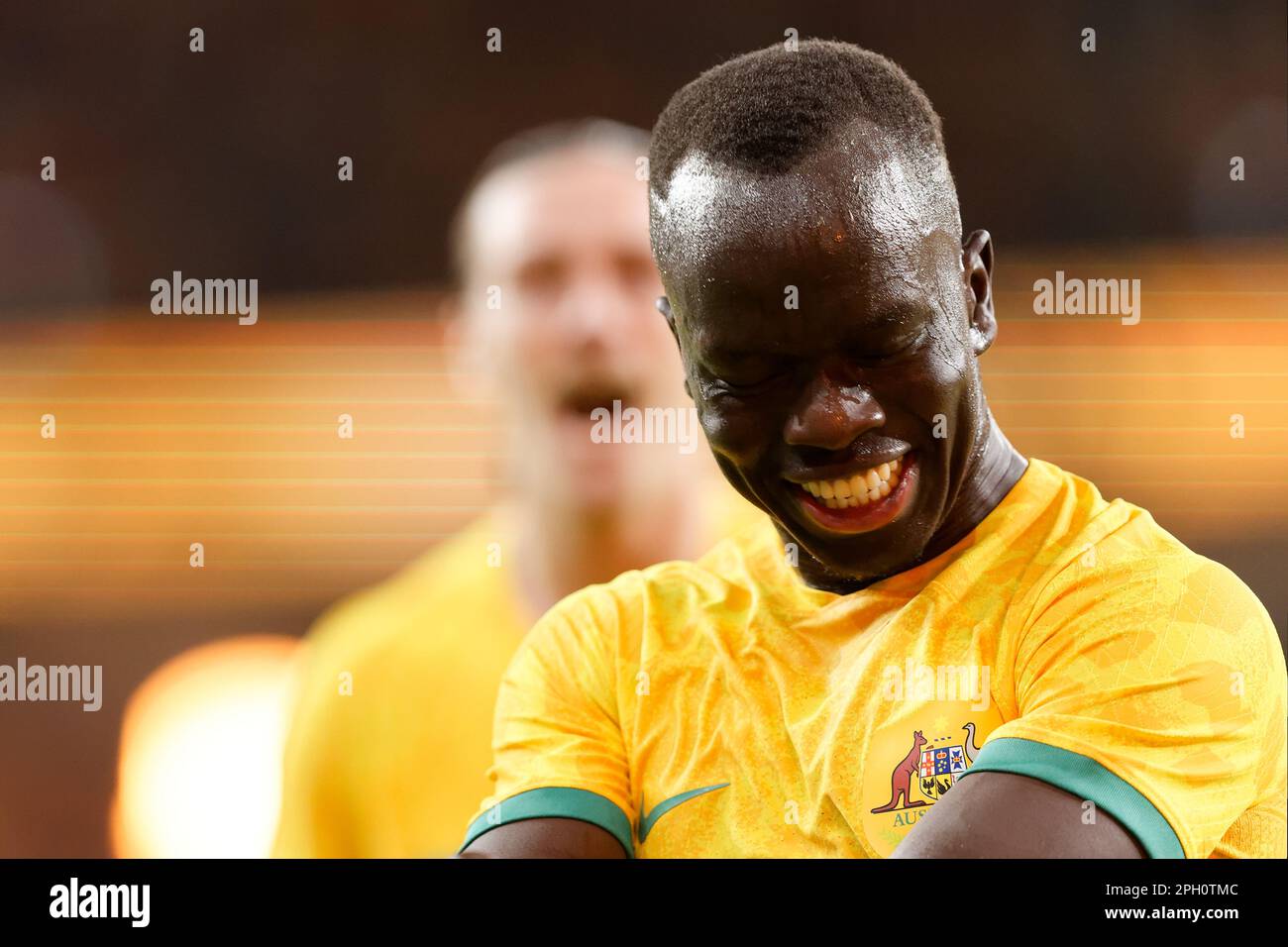 Awer Mabil, d'Australie, célèbre un but lors du match entre l'Australie et l'Équateur au stade CommBank sur 24 mars 2023 à Sydney, en Australie Banque D'Images