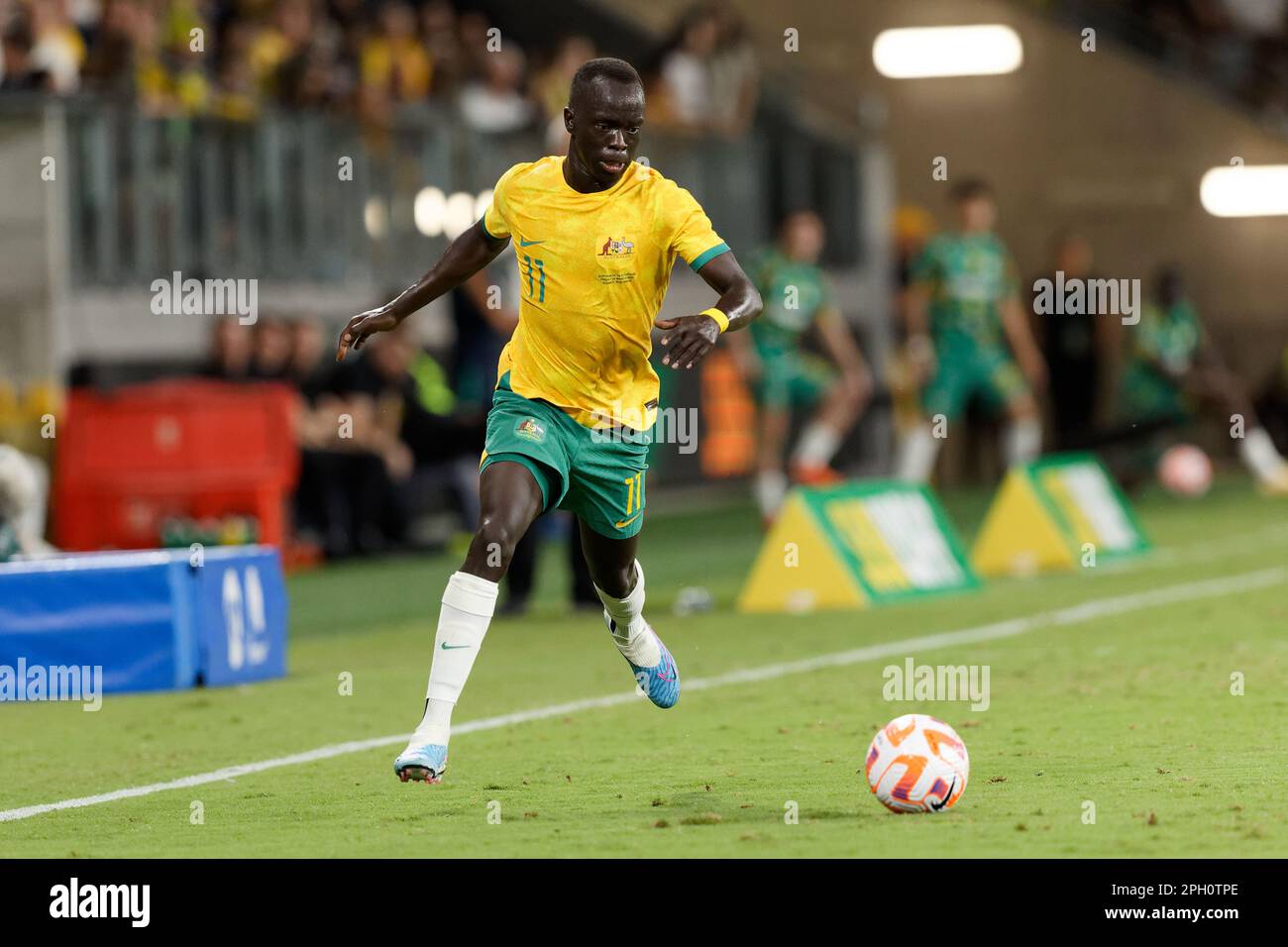 Awer Mabil d'Australie en action pendant le match entre l'Australie et l'Équateur au stade CommBank sur 24 mars 2023 à Sydney, en Australie Banque D'Images