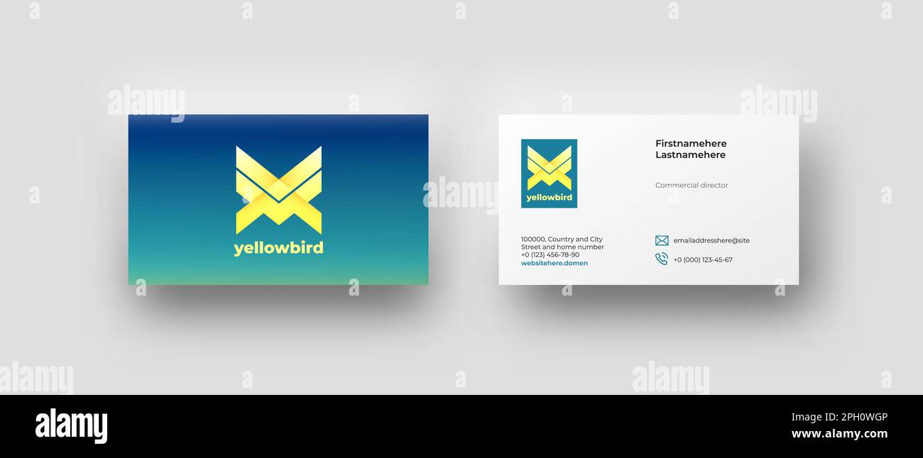 Maquette de carte de visite lumineuse avec logo géométrique jaune et fond bleu, icônes de courrier et de téléphone. Triangle soupir pour l'identité de l'entreprise Illustration de Vecteur