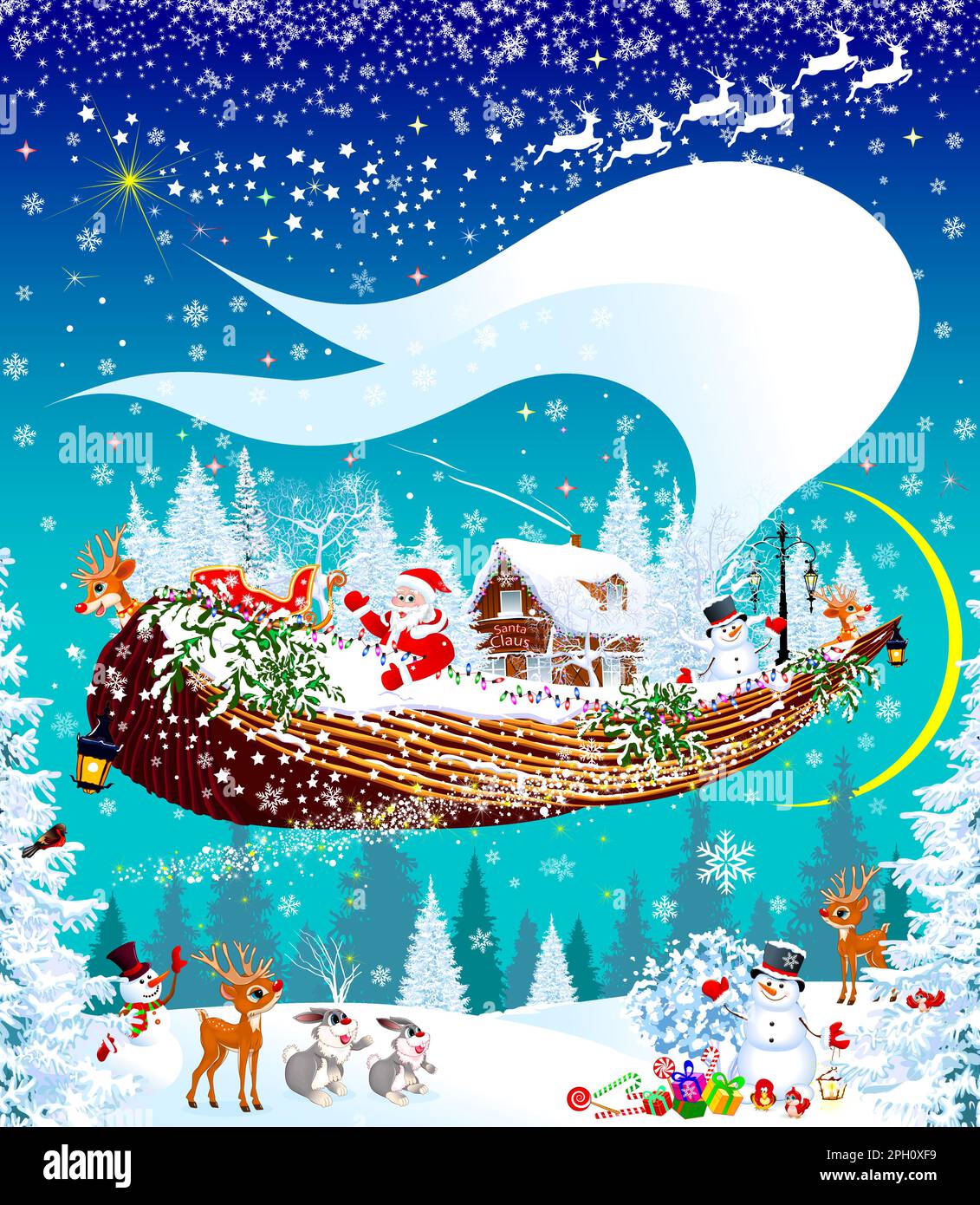Le Père Noël, un renne et un bonhomme de neige volent dans le ciel sur un bateau volant, contre une forêt enneigée d'hiver. Nuit de Noël. Les animaux de la forêt se réjouissent Illustration de Vecteur