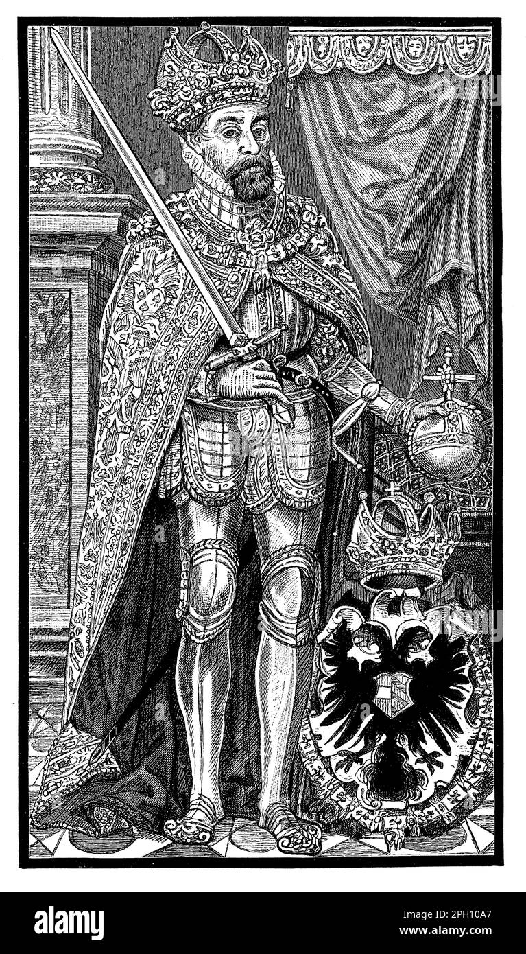 Maximilian II (1527-1576) fut le Saint empereur romain de 1564 jusqu'à sa mort. Il est connu pour sa politique de tolérance religieuse et son soutien aux arts et aux sciences, en particulier en astronomie. Maximilian a dû faire face à des défis de la réforme protestante et de l'Empire ottoman, mais a maintenu une politique de neutralité dans les conflits religieux. Il a également supervisé le début de la contre-réforme et du Conseil de Trent Banque D'Images