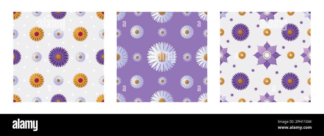 Motif fleuri rétro simple. Joli imprimé fleuri, été 60s brillant pour la papeterie, 70s pop art Botanique isolé décoratif en papier origami éléments vector fond sans couture Illustration de Vecteur