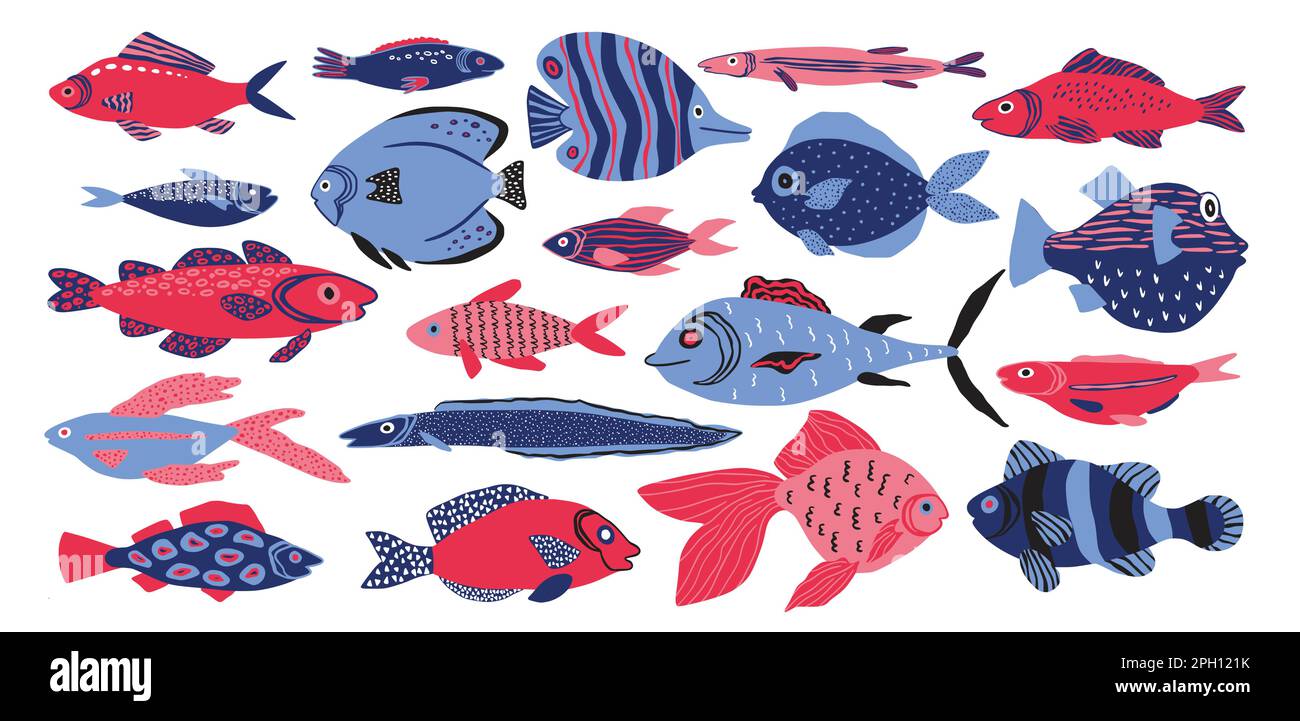 Poisson de mer Doodle, motifs mignons. Animaux marins ou marins, aquarium sous-marin d'été, tissus aquatiques colorés. Éléments isolés dessinés à la main pour la décoration. Bleu et rouge. Illustration de dessin animé vectoriel Illustration de Vecteur