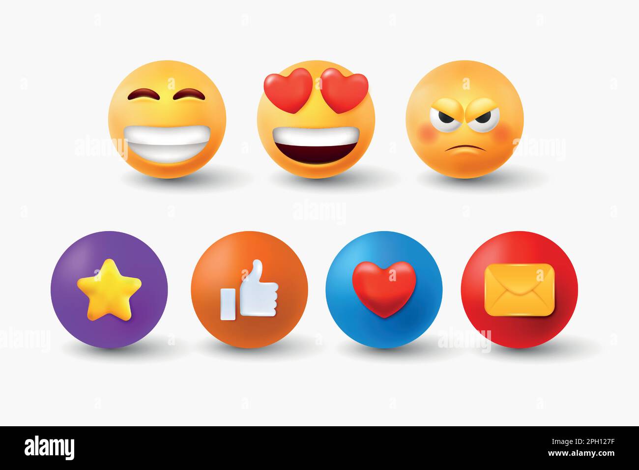 3d émoticône, emoji pour les médias sociaux. Visages gentils, comme et réactions d'amour, les mauvaises et les expressions en colère, brillant mignon jaune personnes avec des émotions. Cœur et étoile en cercle. Logo de conception de courrier et de vecteur Illustration de Vecteur