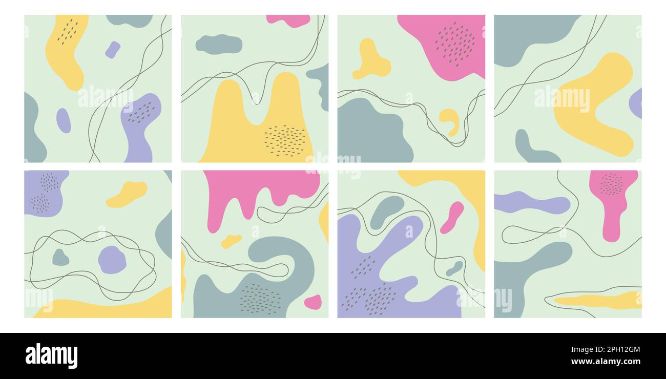 Formes abstraites tendance, affiches pastel. Géométrie colorée décorative, gribouillages modernes. Modèle de publications sur les réseaux sociaux, bannières Web carrées en toile de fond. Arrière-plan d'illustration vectorielle simple et tendance Illustration de Vecteur