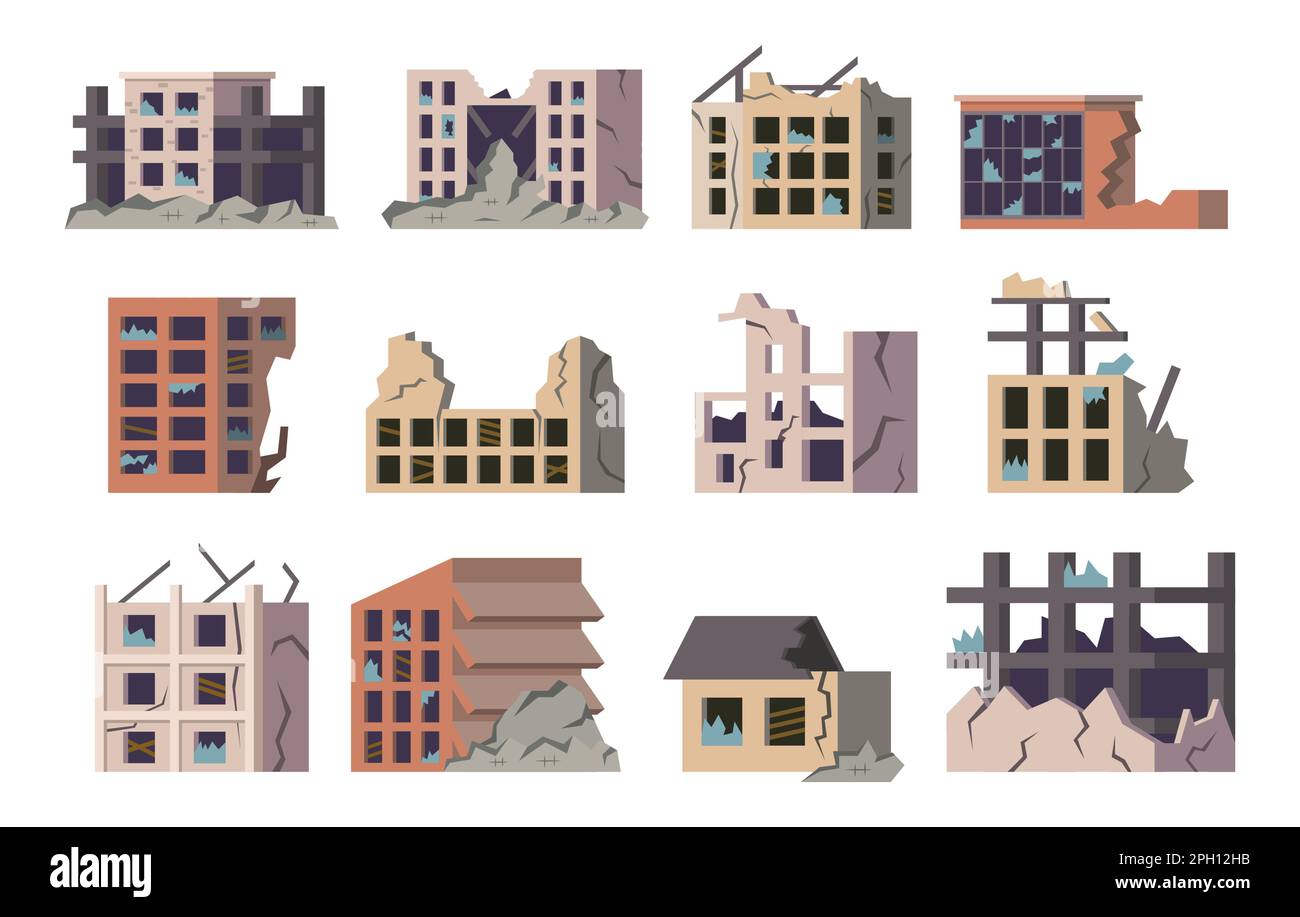 Bâtiment détruit. Maisons de dessins animés effondrées. Constructions urbaines brisées ou abandonnées. Biens résidentiels détruits. Dommages de guerre ou de tremblement de terre. Destruction de ville. Ensemble d'éléments de paysage isolés vectoriels Illustration de Vecteur