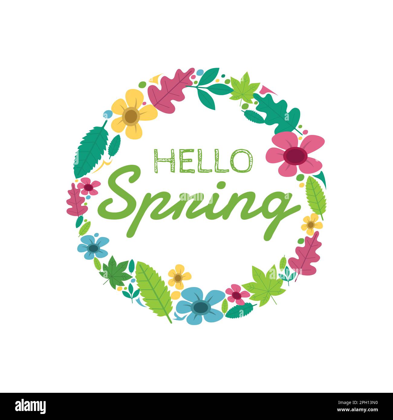 Bonjour printemps. Illustration vectorielle de la couronne de printemps fleurie. Bonjour le lettrage de printemps avec des fleurs Illustration de Vecteur