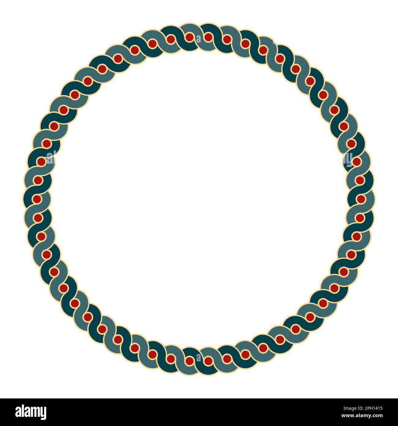 Cadre de cercle coloré avec motif d'ondes entrelacées. Deux lignes en serpentin audacieuses formant une bordure circulaire avec des points rouges entre les vagues qui se chevauchent. Banque D'Images