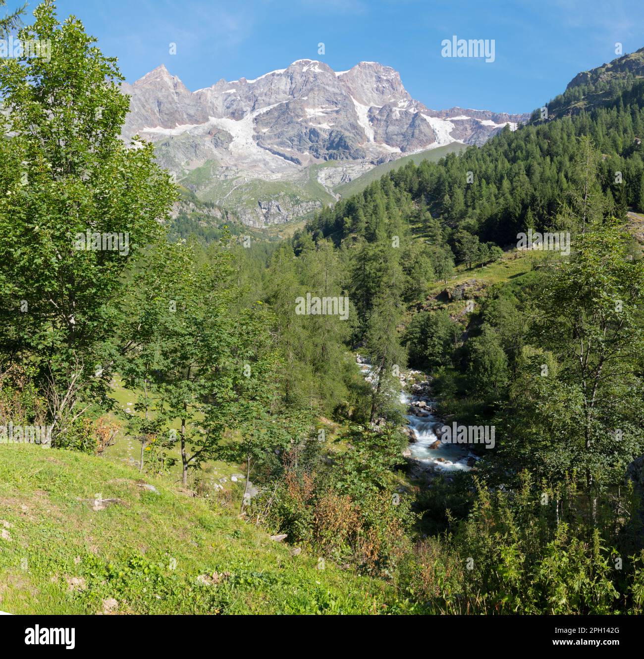 La Punta Gnifetti ou Signalkuppe, Parrotspitze, Ludwigshohe, Piramide Vincent Peaks - vallée de la Valsie. Banque D'Images