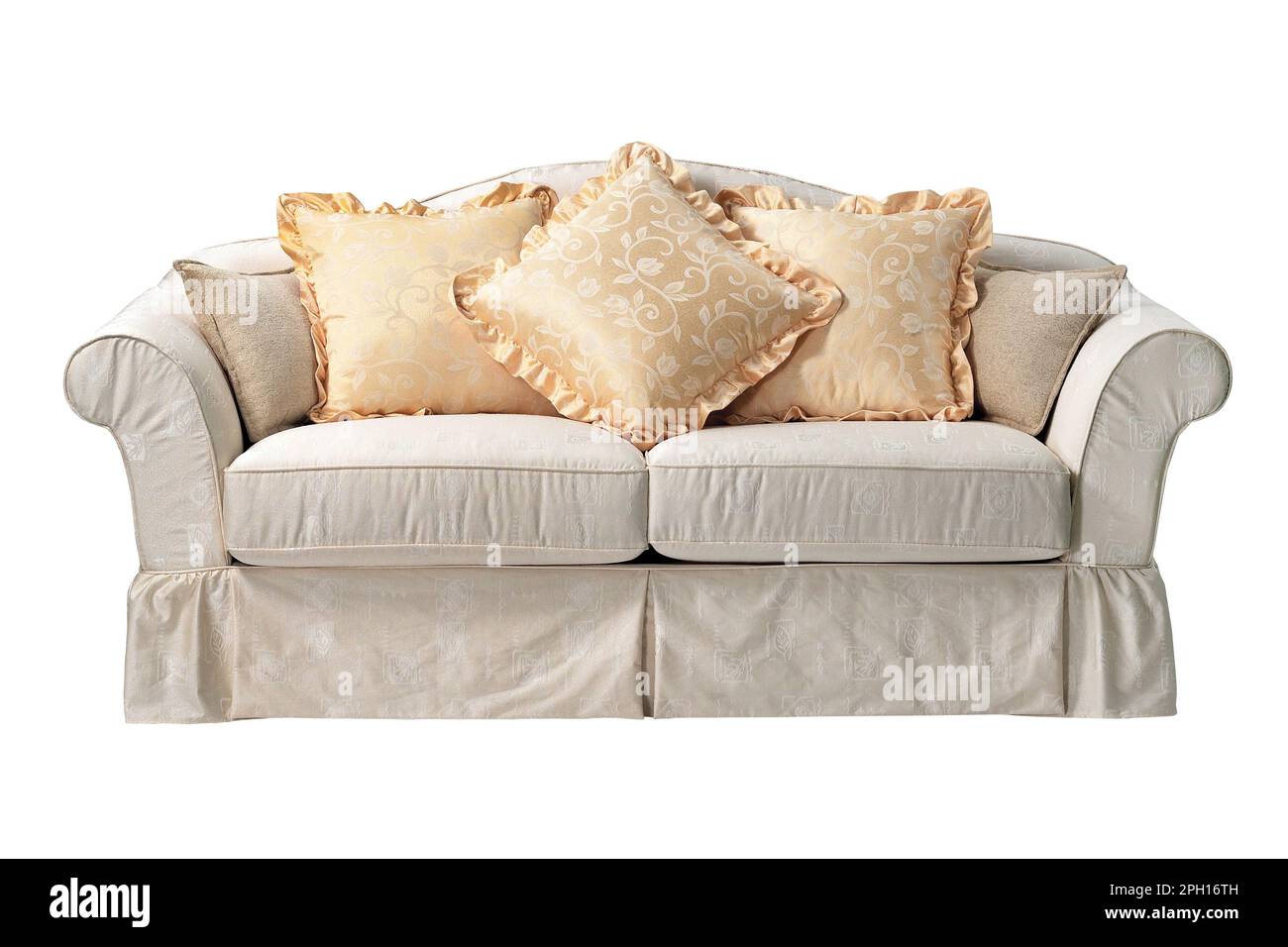 Canapé contemporain à motifs floraux, isolé sur fond blanc Banque D'Images