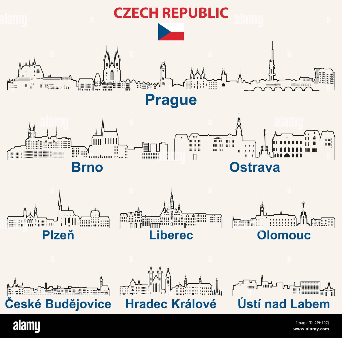 République Tchèque villes contours Skylines vecteur set Illustration de Vecteur