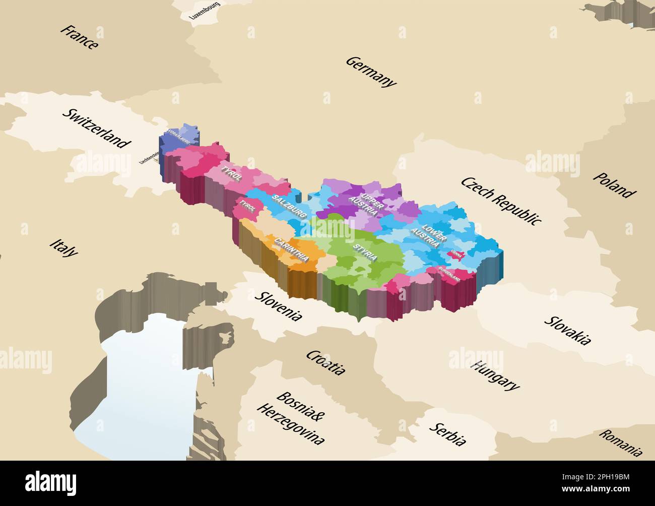 Autriche districts colorés par régions carte isométrique avec les pays voisins Illustration de Vecteur