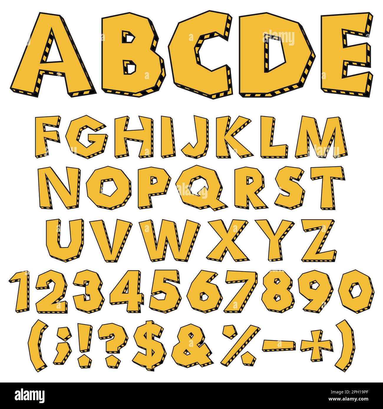 Alphabet, chiffres et signes de couleur hachés avec marquages d'avertissement. Objets vectoriels isolés sur fond blanc. Illustration de Vecteur