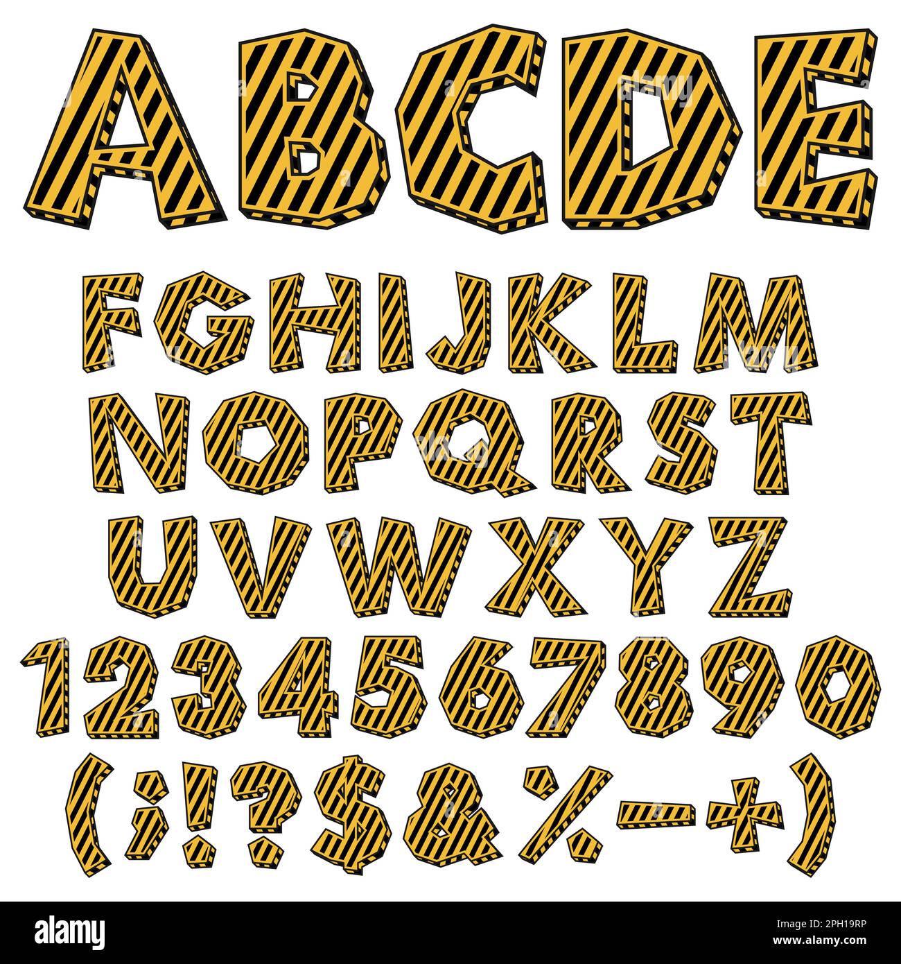 Alphabet, chiffres et signes de couleur hachés avec marquages d'avertissement. Objets vectoriels isolés sur fond blanc. Illustration de Vecteur