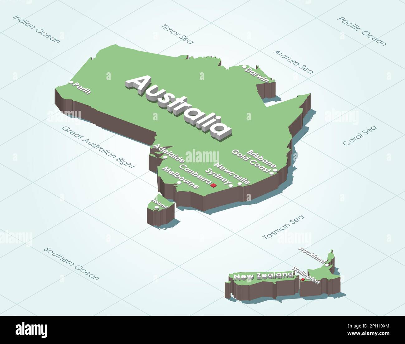 Carte de l'Australie et de la Nouvelle-Zélande 3D (isométrique) avec les plus grandes villes Illustration de Vecteur