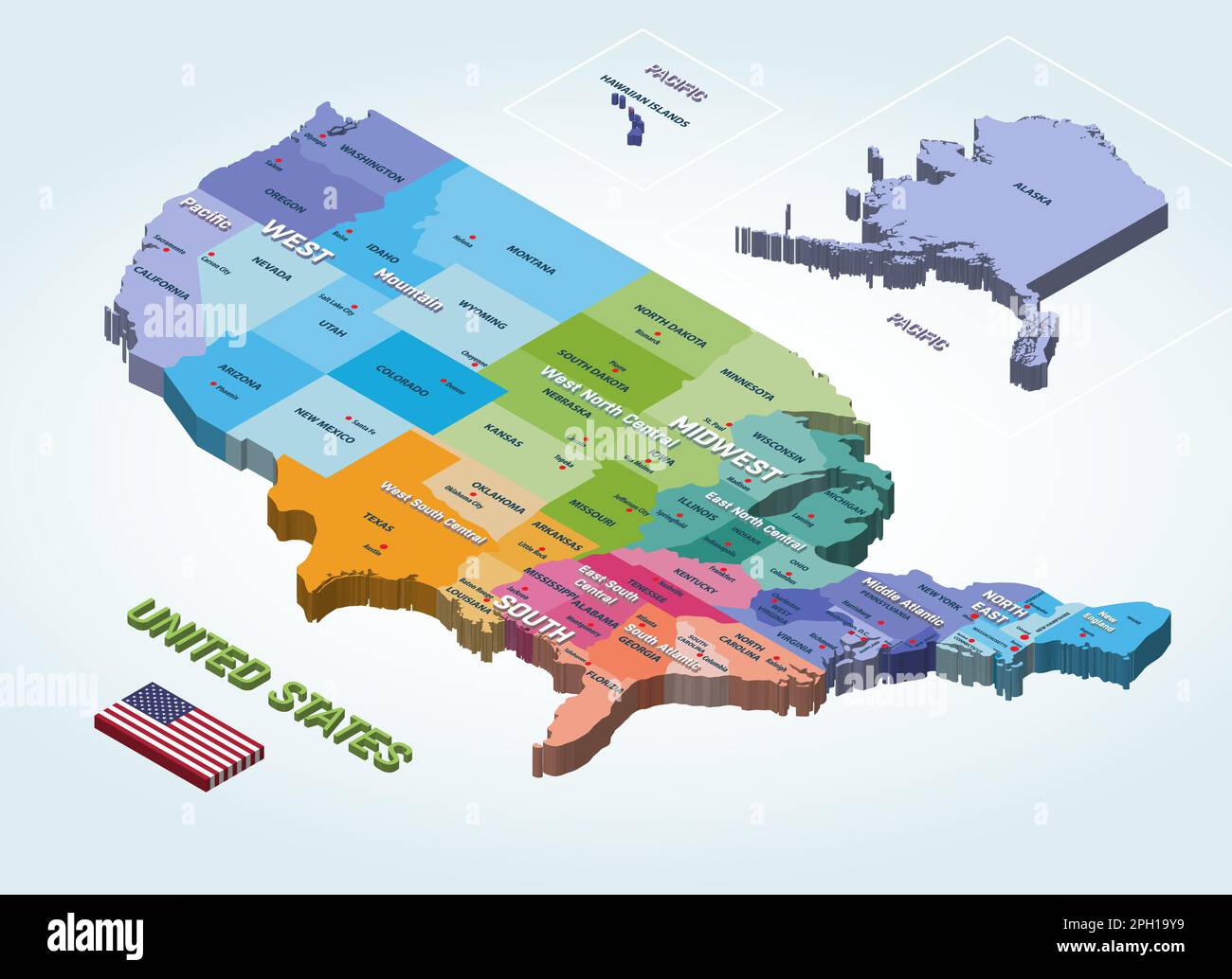 Carte isométrique des États-Unis colorée par régions Illustration de Vecteur