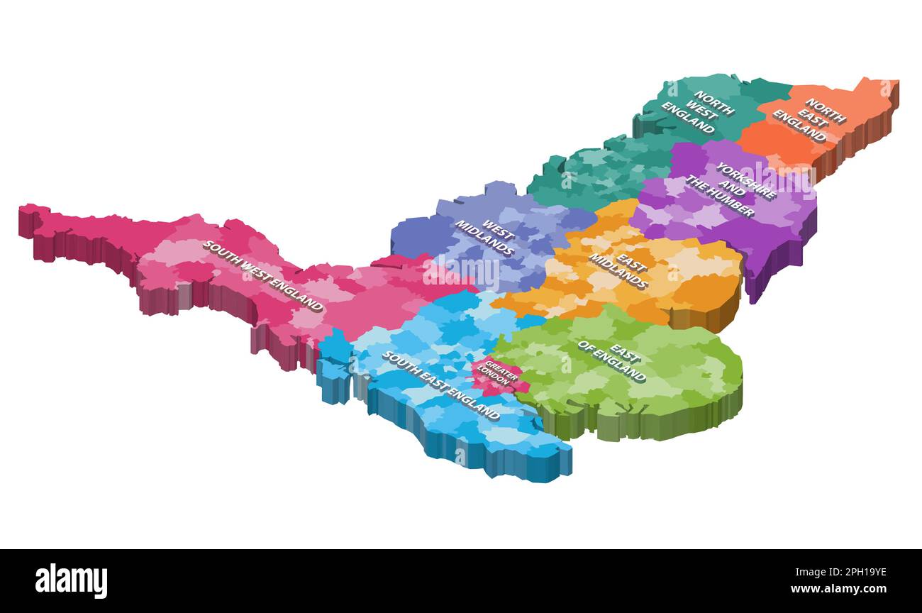 Carte isométrique des comtés de l'Angleterre, colorée par régions Illustration de Vecteur