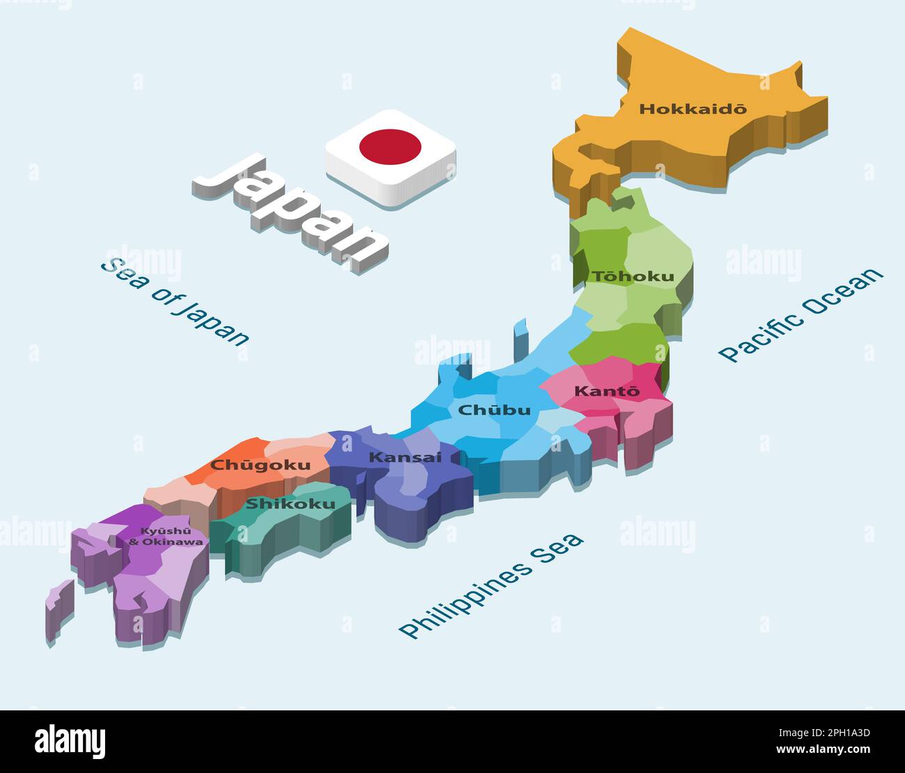 Japon 3D (isométrique) carte colorée par régions sur fond bleu clair Illustration de Vecteur