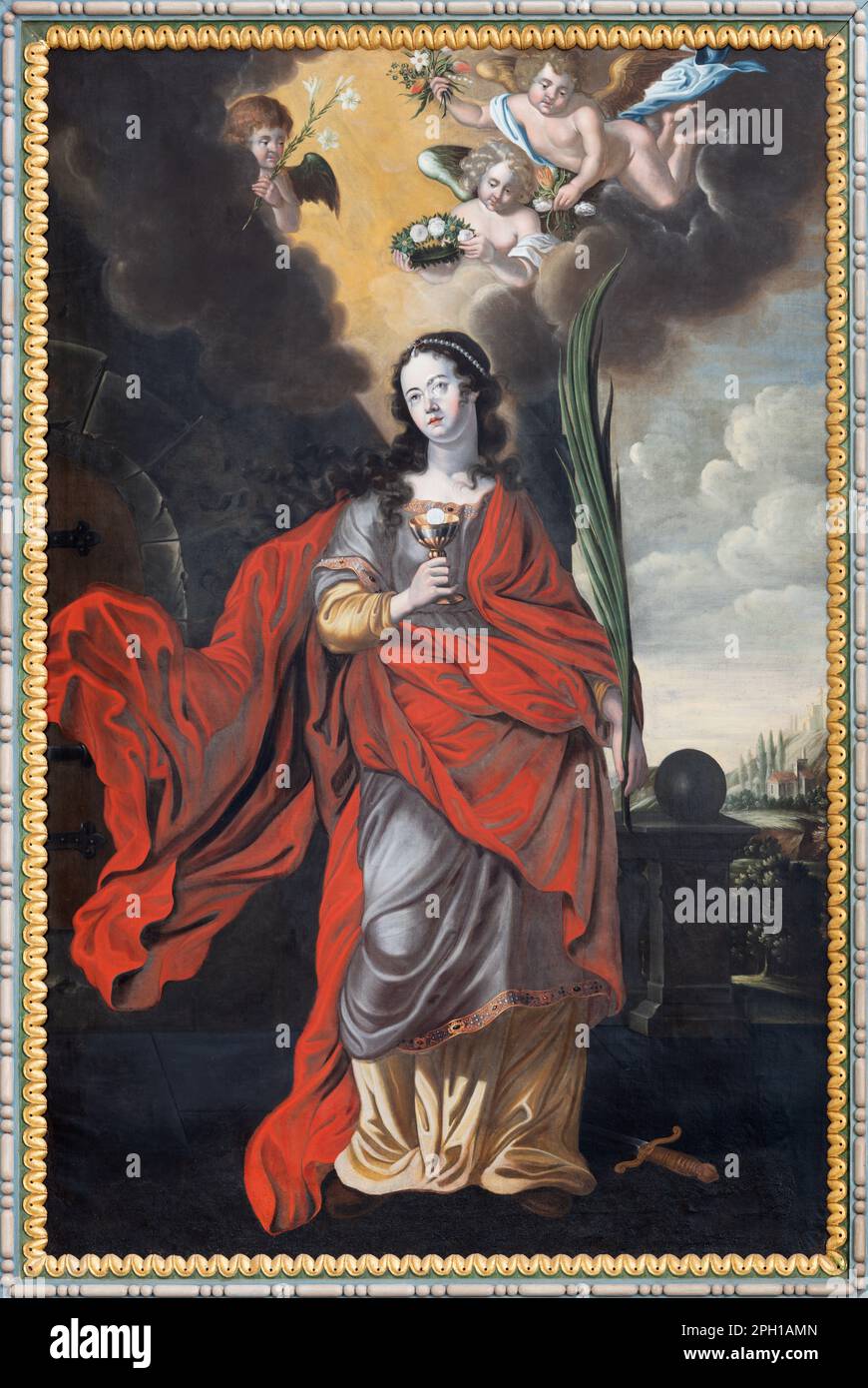 CHIAVENNA, ITALIE - 20 JUILLET 2022 : la peinture de Saint Barbara dans l'église Chiesa di Santa Maria par artiste inconnu (1662). Banque D'Images