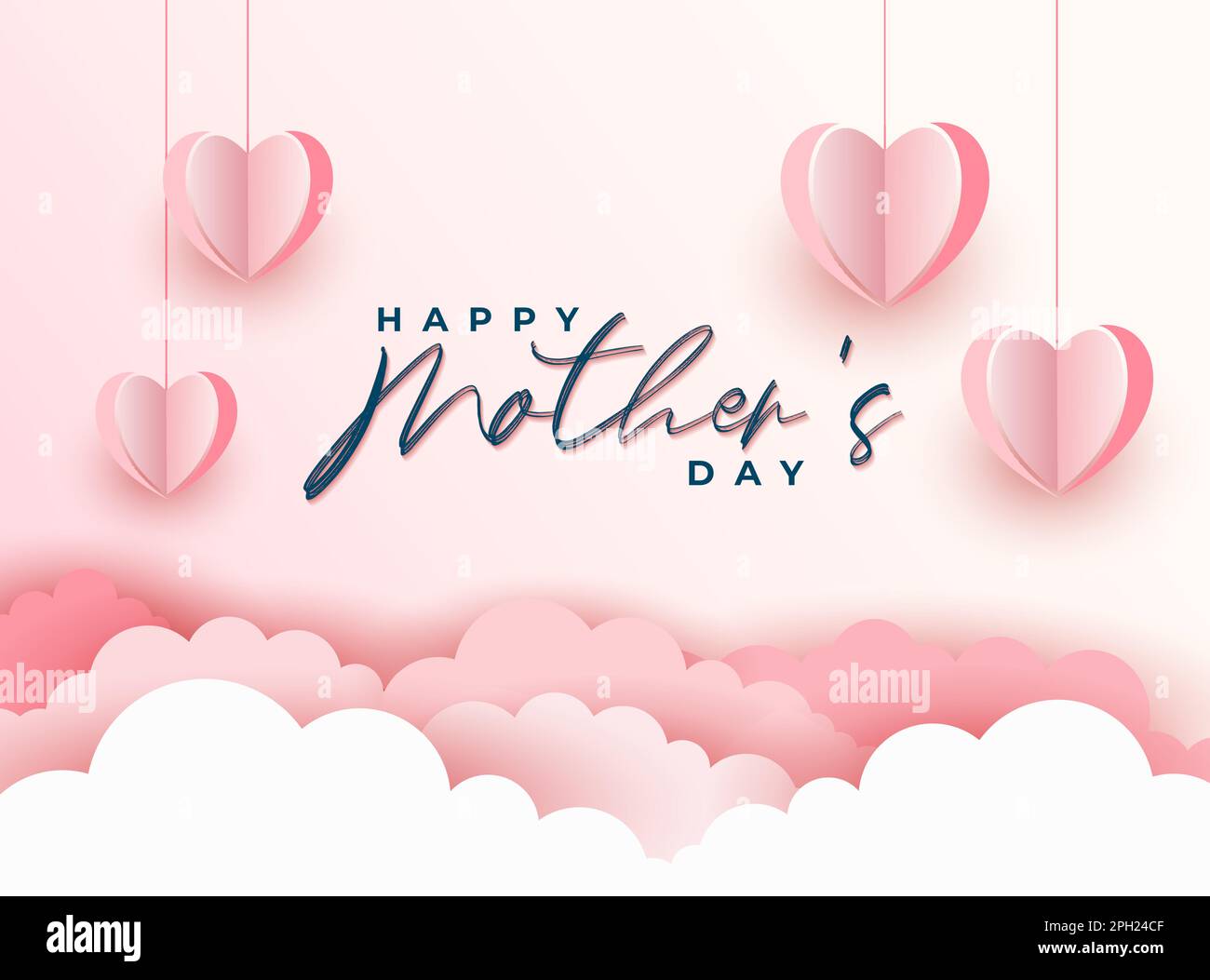Design de fond Happy Mothers Day avec forme de coeur en papier rose et nuage Illustration de Vecteur