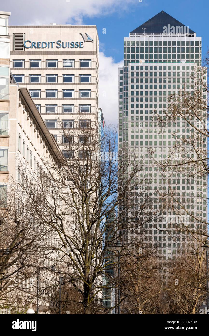 Bureau de Credit Suisse AG, Canary Wharf, Londres, Royaume-Uni. 25 mars 2023 Banque D'Images