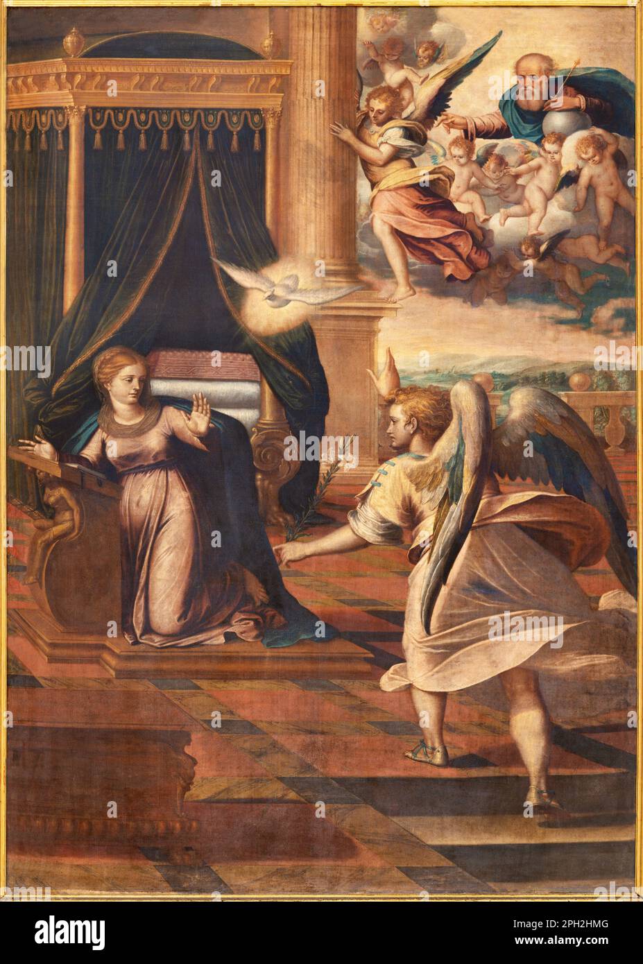 GENOVA, ITALIE - 7 MARS 2023 : le tableau de l'Annonciation dans l'église Basilique de Santa Maria Assunta par Ottavio Semino (1530 – 1604). Banque D'Images