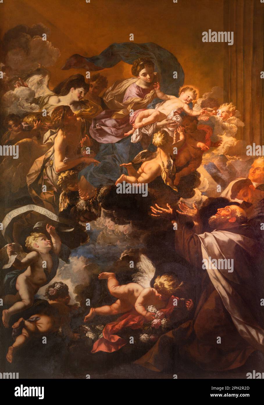 GENOVA, ITALIE - 8 MARS 2023 : la peinture de Madonna avec la Sainte-Vierge Simon stock dans l'église Chiesa di Nostra Signora del Carmine e Sant'Agnese. Banque D'Images