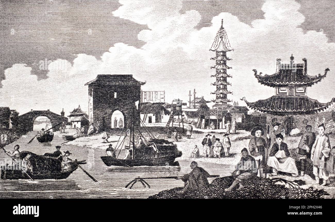 Vue de la banlieue d'une ville chinoise, pubée par Richard Phillips c. 1806 sur la base d'un imprimé précédent. Banque D'Images
