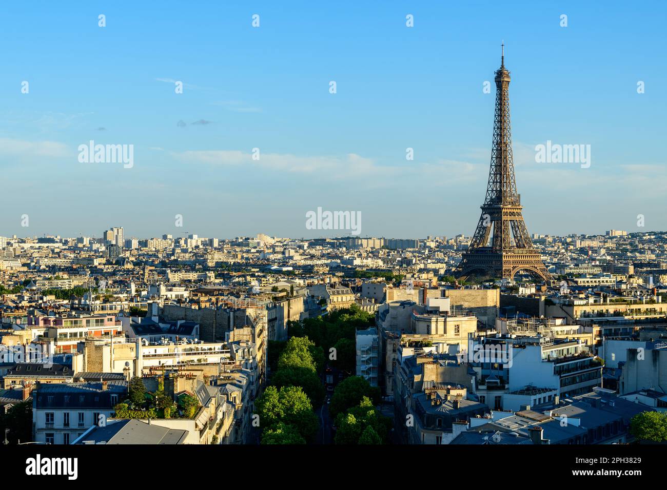 Cette photo de paysage a été prise en Europe, en France, en ile de France, à Paris, en été. Nous pouvons voir l'avenue d'Iena et la Tour Eiffel, sous Banque D'Images