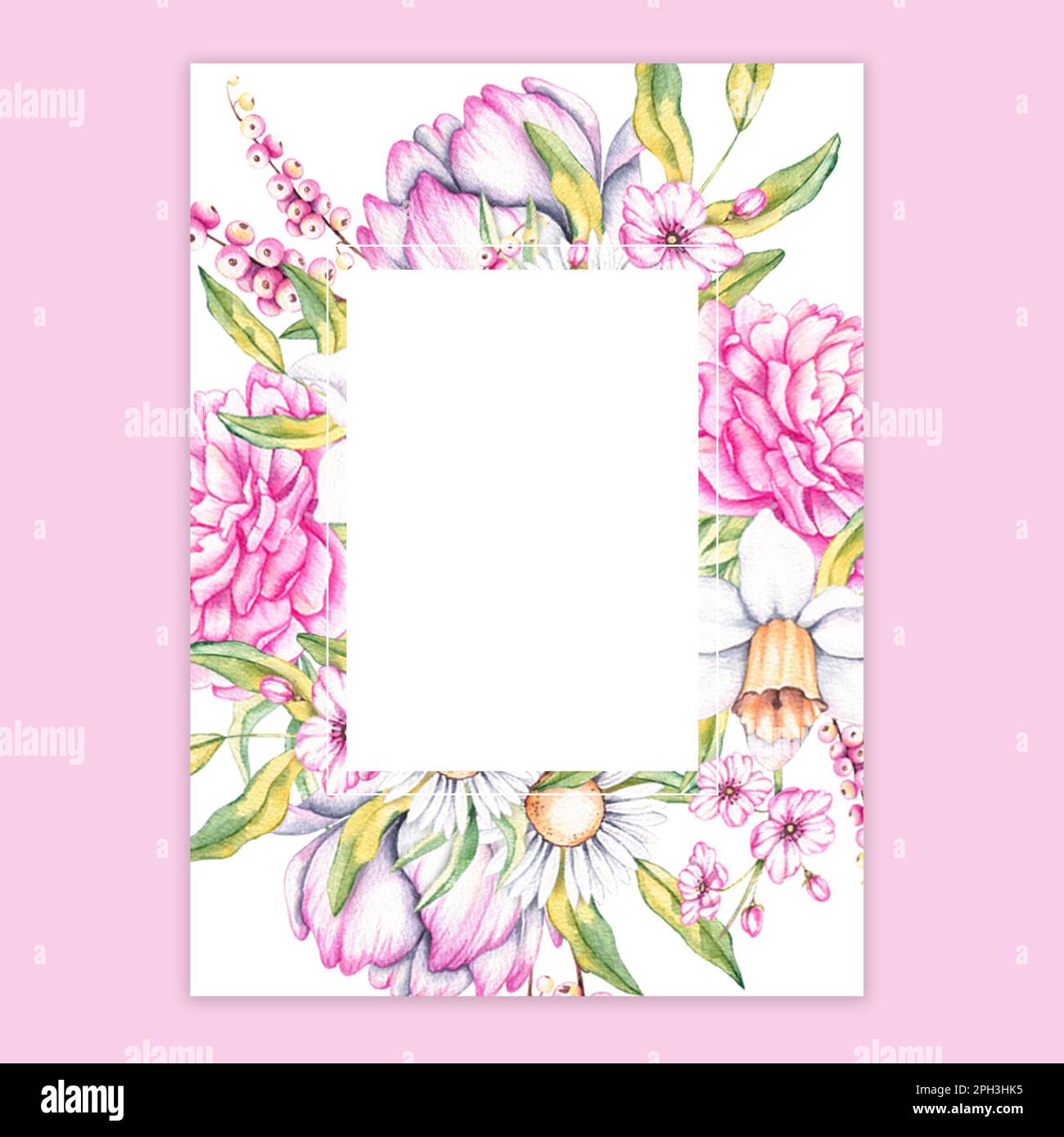 Carte aquarelle avec pivoines, jonquilles, pâquerettes, tulipes. Mise en page pour cartes, invitations, prospectus Banque D'Images