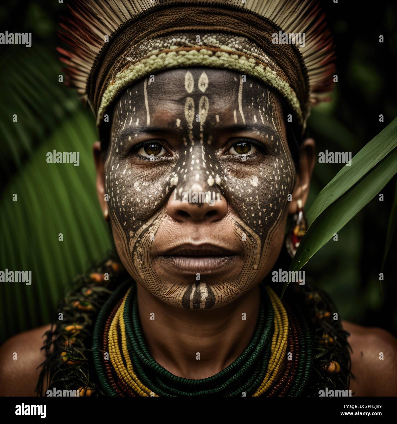 le visage de la femme amazonienne avec des caractéristiques expresives