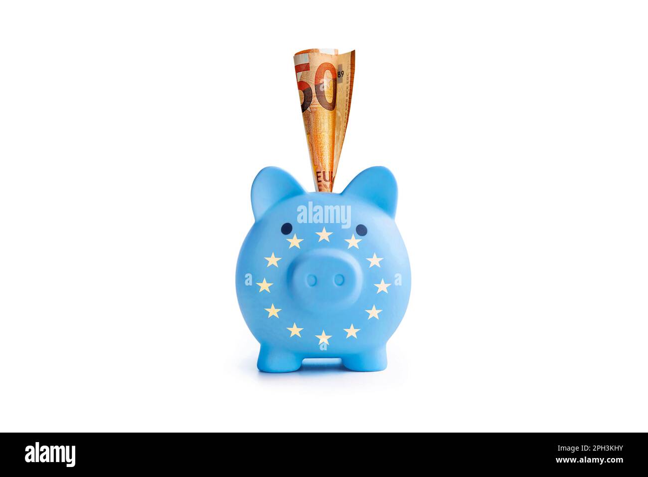 Banc de porc avec peinture de drapeau, isolé par l'Union européenne, fond blanc. Le problème est dans l'économie. La crise économique. Concept d'économie d'argent. Banque D'Images