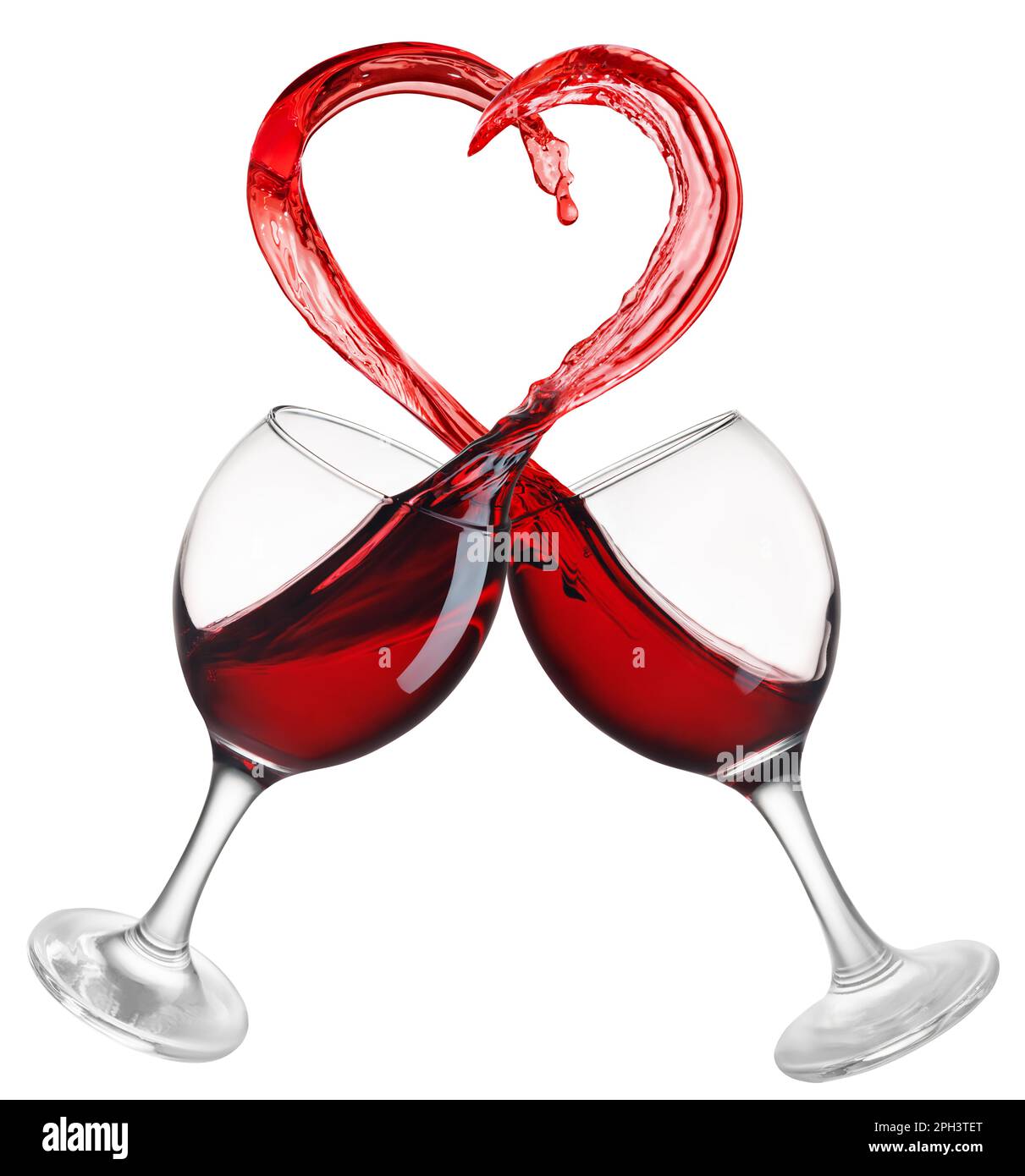deux verres de vin rouge avec un coeur en forme de splash isolé sur fond blanc Banque D'Images