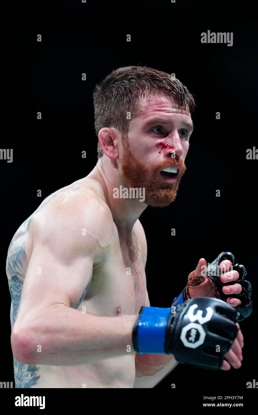 SAN ANTONIO, TEXAS - 25 MARS : Cory Sandhagen dans son combat de poids-de-bantamweight lors de la soirée de combat de l'UFC au AT&T Centre sur 25 mars 2023 à San Antonio, Texas, États-Unis. (Photo de Louis Grasse/PxImages) Banque D'Images