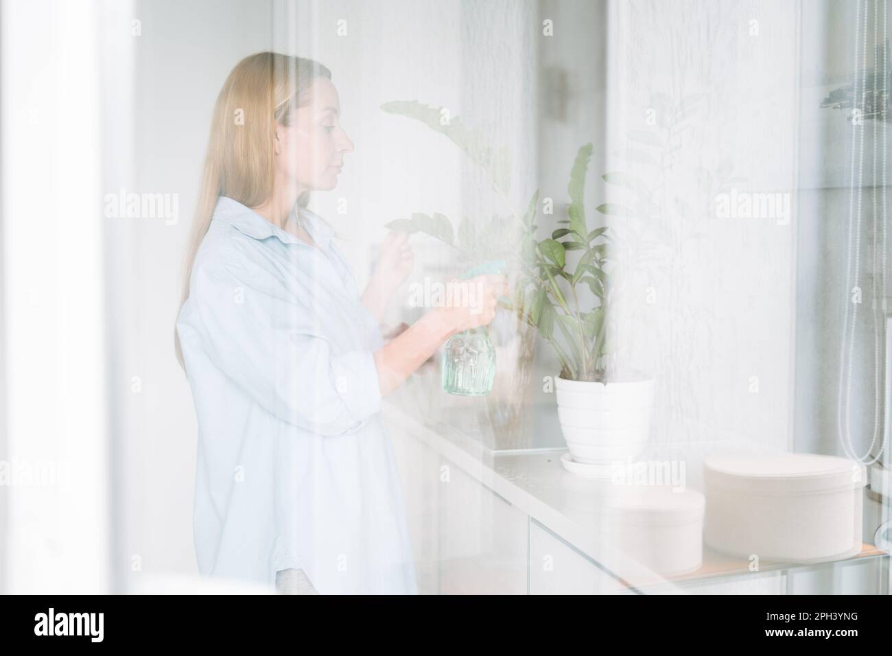 Jeune femme en chemise bleue avec un jet d'eau dans les mains prend soin de la maison dans la cuisine à la maison par la fenêtre Banque D'Images