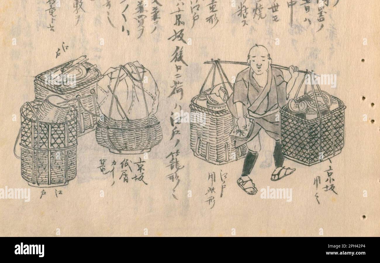 Illustration des emplois de la période Edo au Japon. De 'Morisada Manko', volume 6, document et œuvre d'art de Kitagawa Morisada, en 1837-c1870. A propos des illustrations, de droite à gauche, réparateur de vaisselle, acheteur de papier d'occasion. Banque D'Images