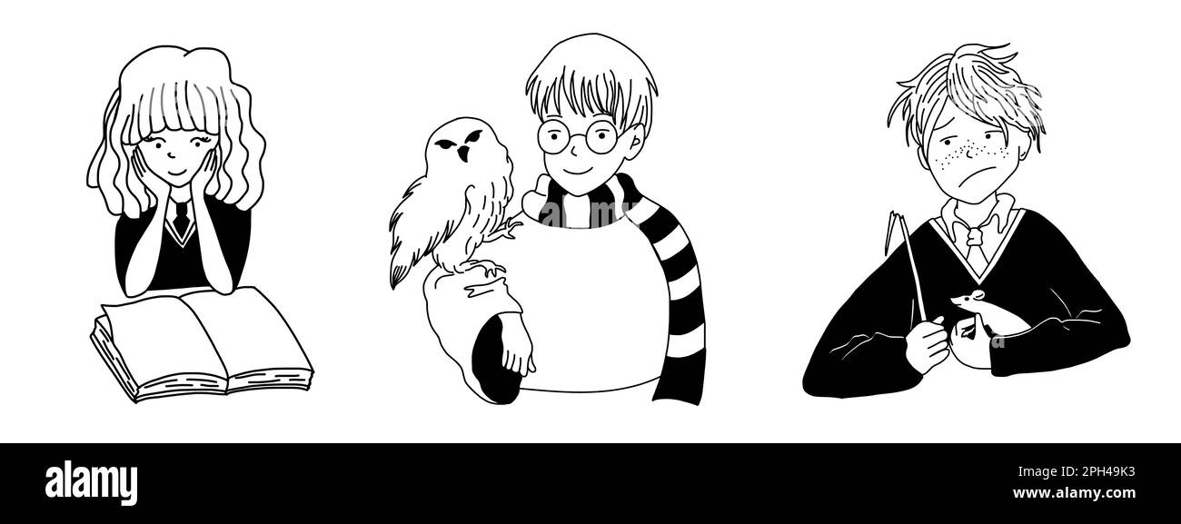 Golden Trio. Harry, Hermione et Ron. Illustration vectorielle magique de style dessin animé, isolée sur fond blanc. Illustration de Vecteur