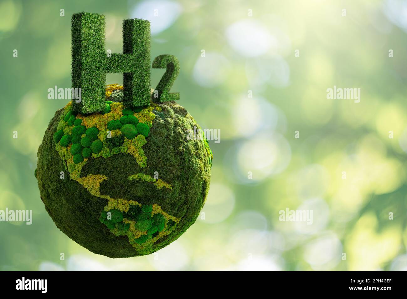 Symbole de l'hydrogène H2 de l'herbe et de la planète verte Terre de mos. Photo de haute qualité Banque D'Images