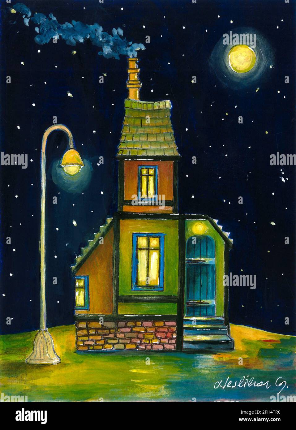 Maison dans le village la nuit. Peinture acrylique. Maison de village dessinée dans un style de dessin animé plat. Banque D'Images