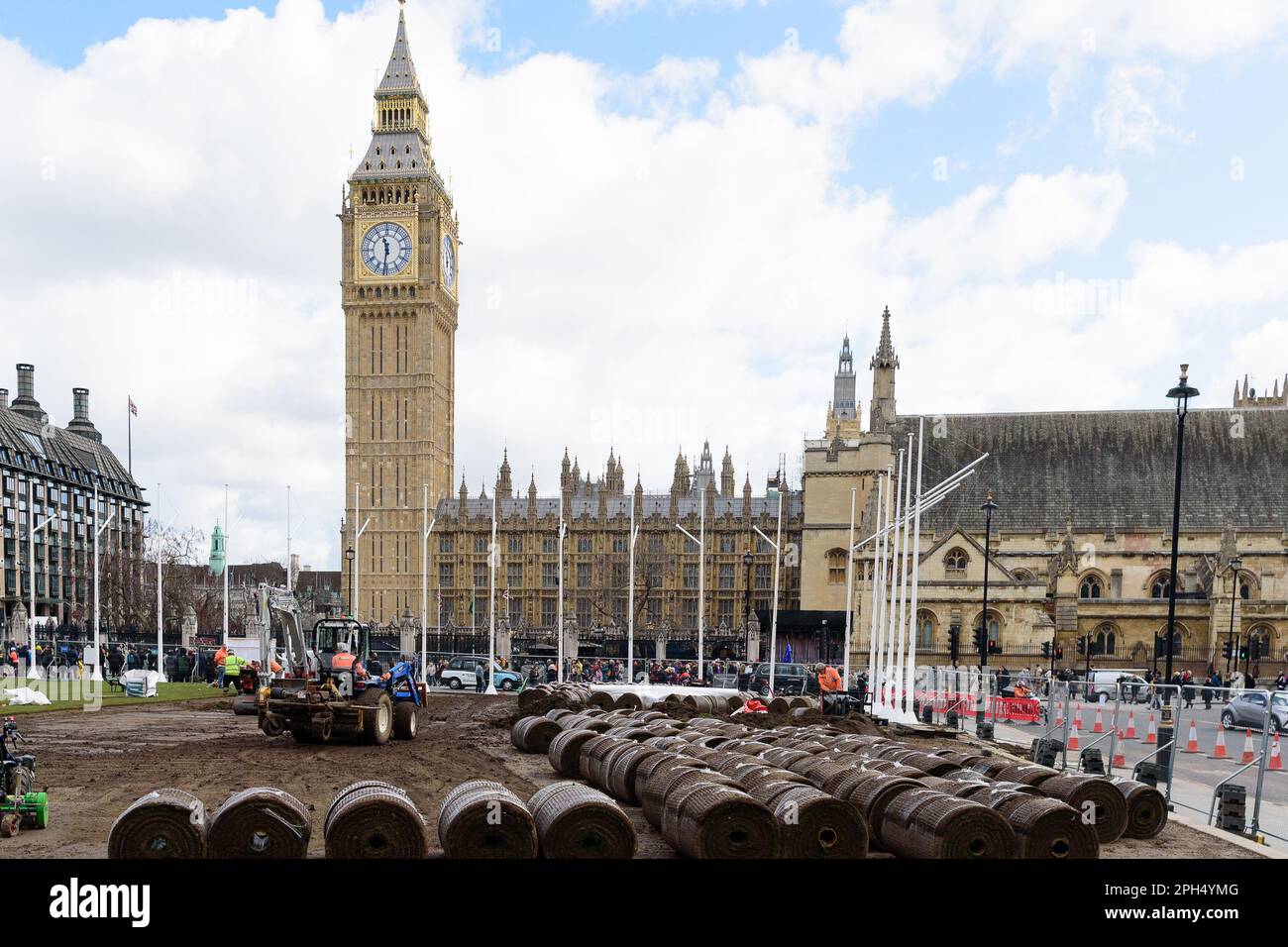 La place du Parlement de Londres, en face de Big Ben et du Parlement, est reposée avec de l'herbe lors d'une réparation majeure suite à des dommages pendant la chaleur Banque D'Images