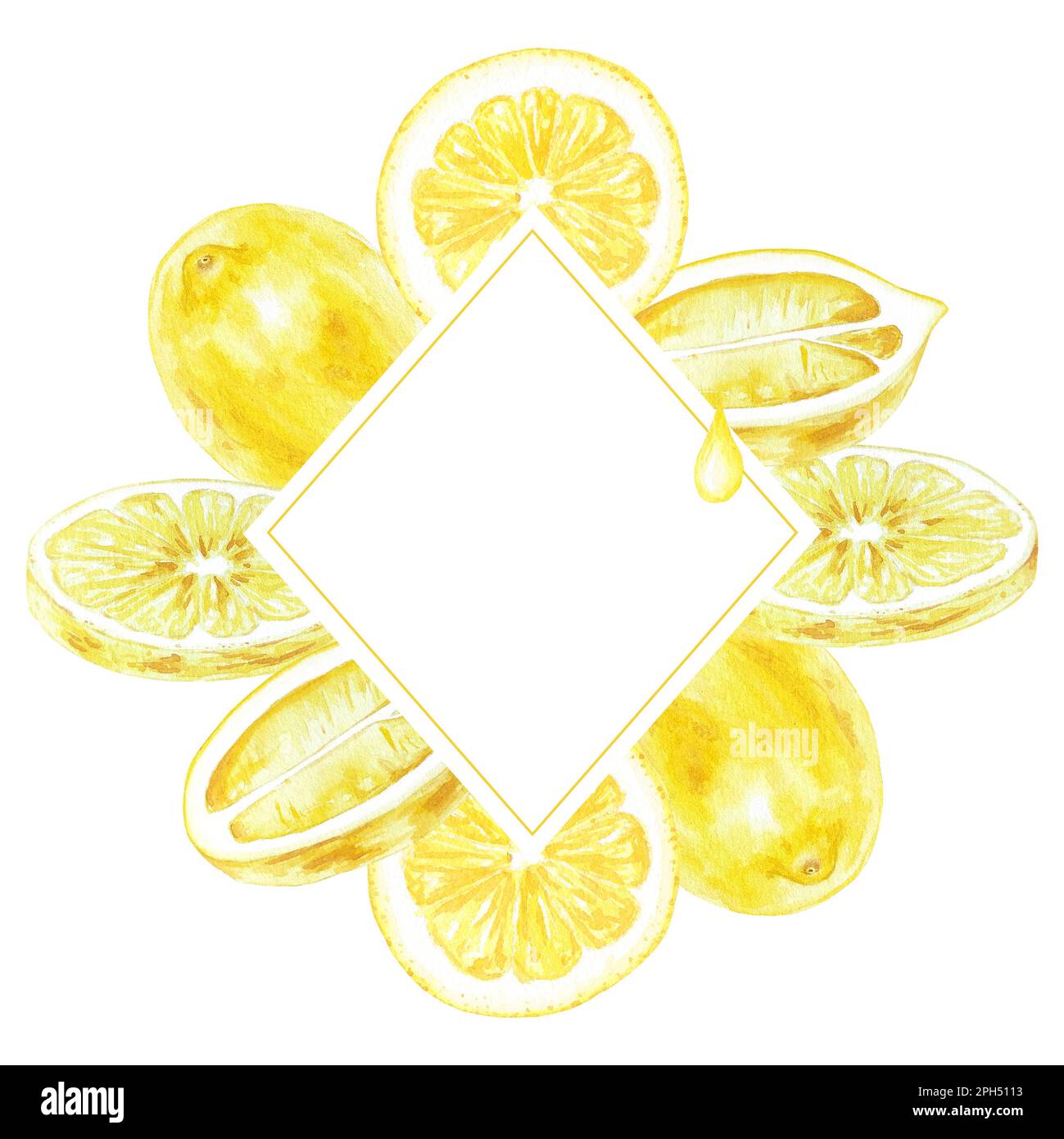 Cadre aquarelle de citrons en tranches peint à la main dans le style botanique, pour les vacances, les mariages et la conception de nourriture. Illustration de fond des fruits tropicaux Banque D'Images Cadre aquarelle de citrons en tranches peint à la main dans le style botanique, pour les vacances, les mariages et la conception de nourriture. Illustration de fond des fruits tropicaux Banque D'Images