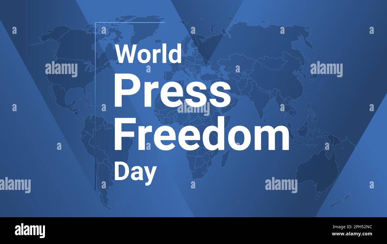 Carte de vacances internationale de la Journée mondiale de la liberté de la presse. Affiche avec carte de la terre, fond de lignes de dégradé bleues, texte blanc. Bannière plate. VVecto Illustration de Vecteur