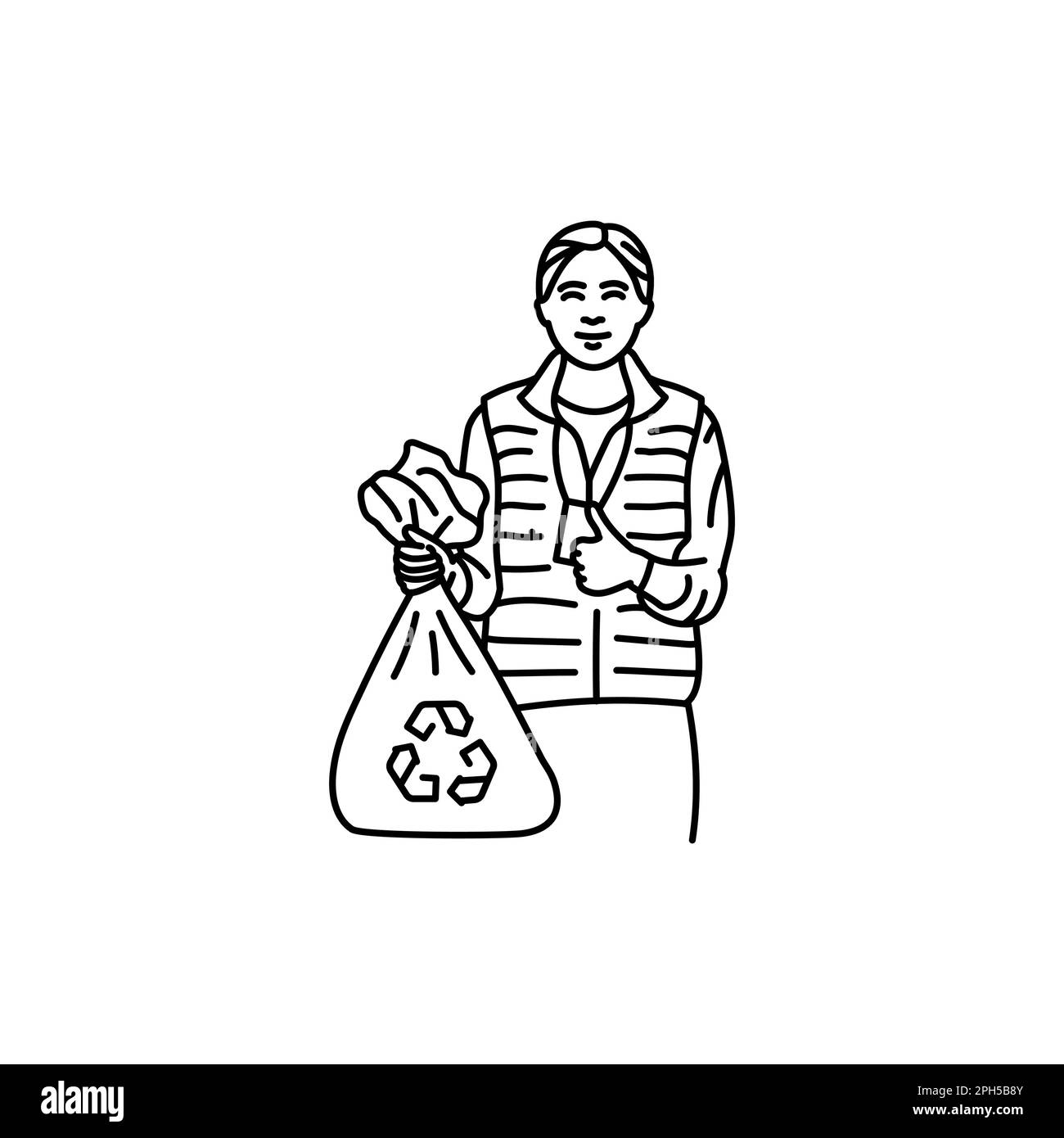 Femme bénévole avec icône de ligne noire de corbeille. Pictogramme pour page Web, application mobile, Promo. Illustration de Vecteur