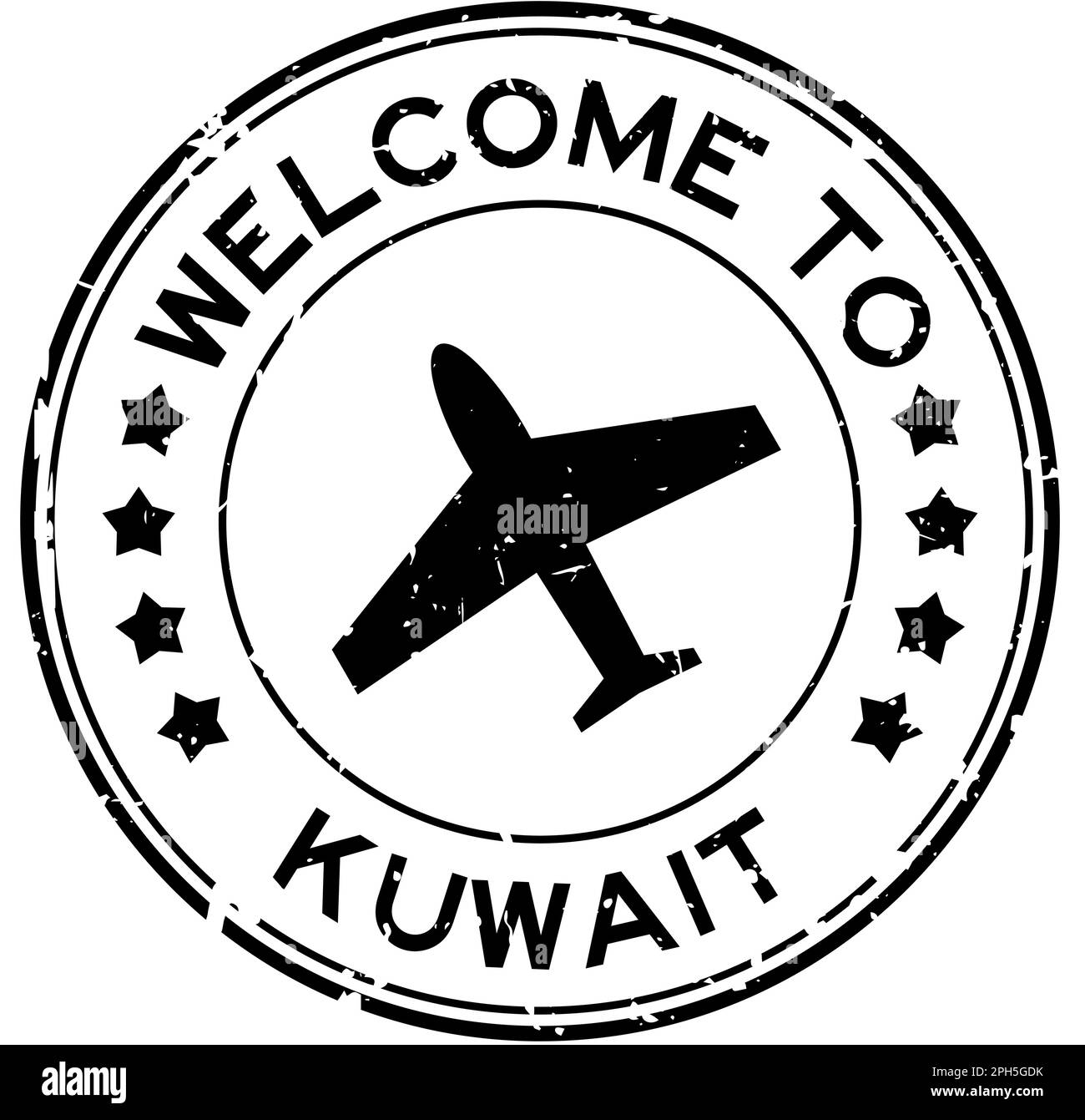 Grunge noir bienvenue au mot koweit avec l'icône avion cachet rond en caoutchouc sur fond blanc Illustration de Vecteur