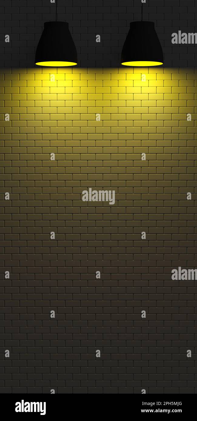 Le format vertical 3D rend les plafonniers lumineux cylindriques jaunes sur fond de mur vide avec espace de copie et chemin d'écrêtage. Piédestal Banque D'Images