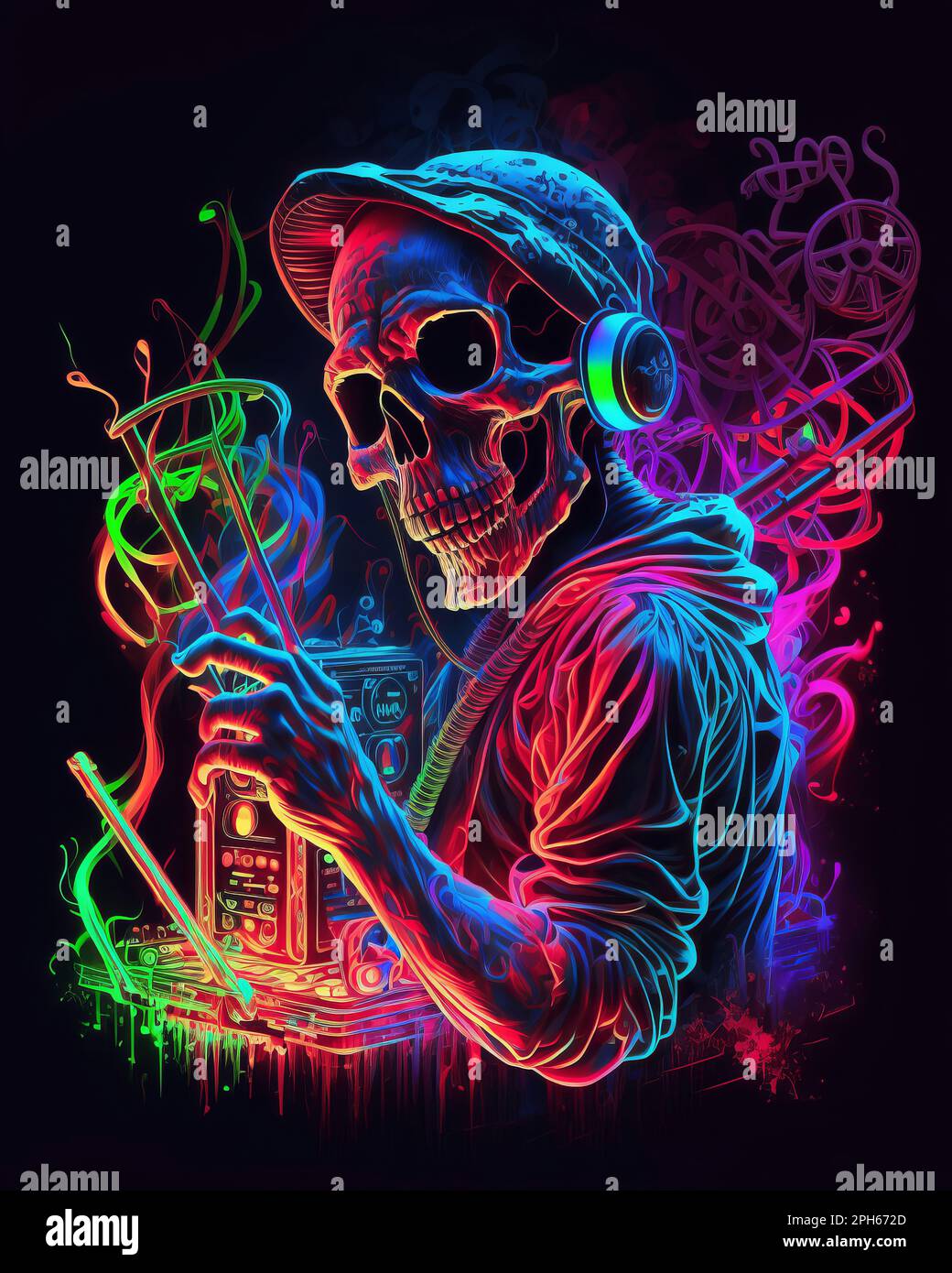 Squelette de DJ à la fête. Illustration en couleurs néon Banque D'Images