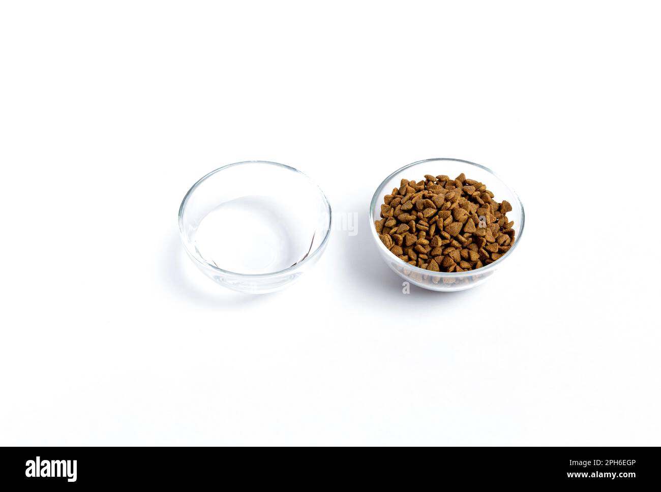 Séchez les aliments pour animaux dans un pot en verre et un bol en gros plan sur un fond blanc. Vue de dessus Banque D'Images