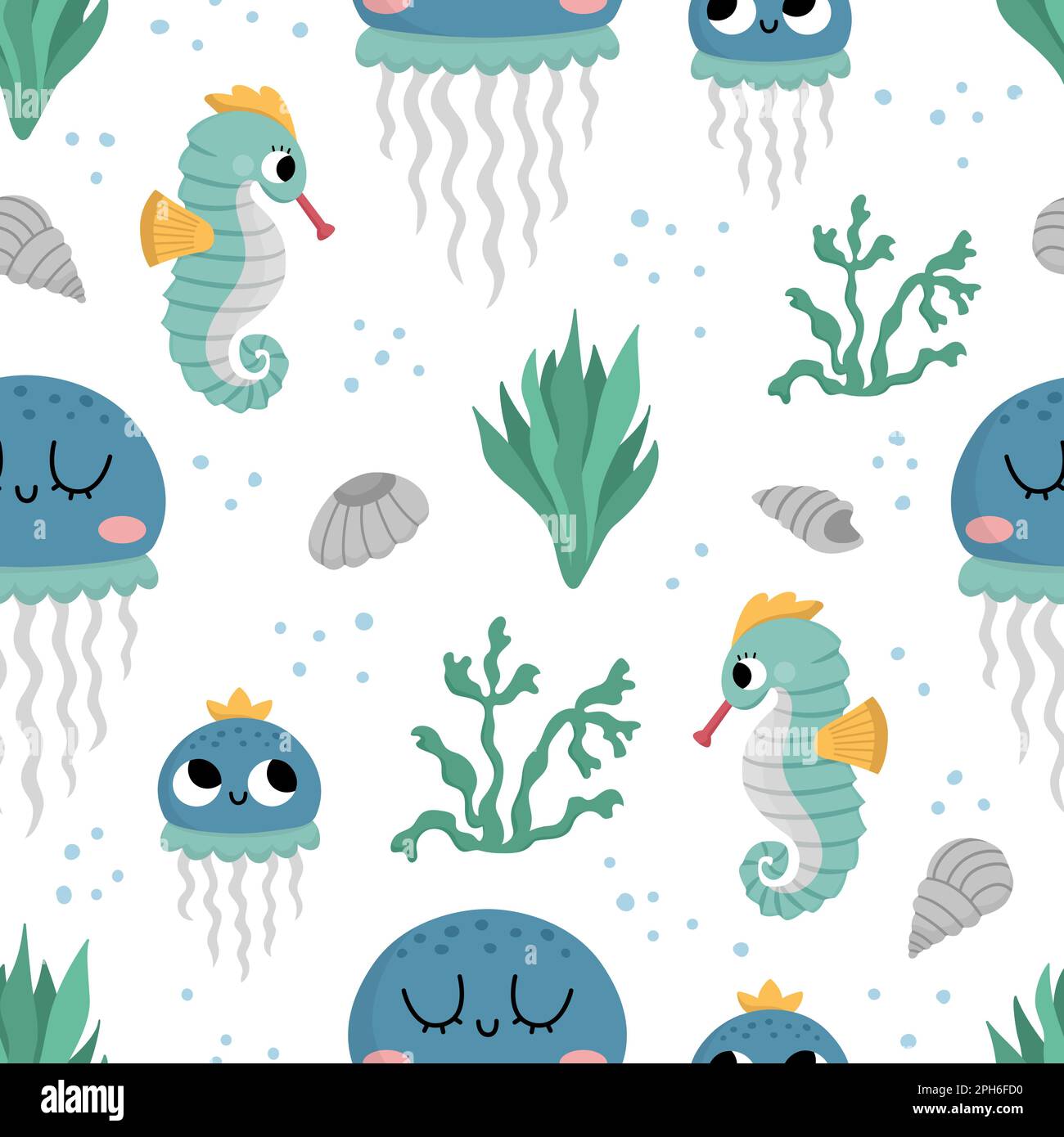 Vecteur sous la mer modèle sans couture. Répéter le fond avec le méduse et son bébé. Papier numérique Ocean Life. Illustrateur drôle d'animaux d'eau et de mauvaises herbes Illustration de Vecteur