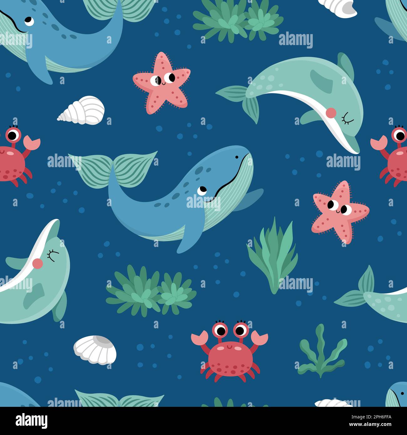 Vecteur sous la mer modèle sans couture. Répéter le fond avec le dauphin, la baleine, l'étoile, le crabe, l'algue. Papier numérique Ocean Life. Animaux aquatiques amusants et Illustration de Vecteur